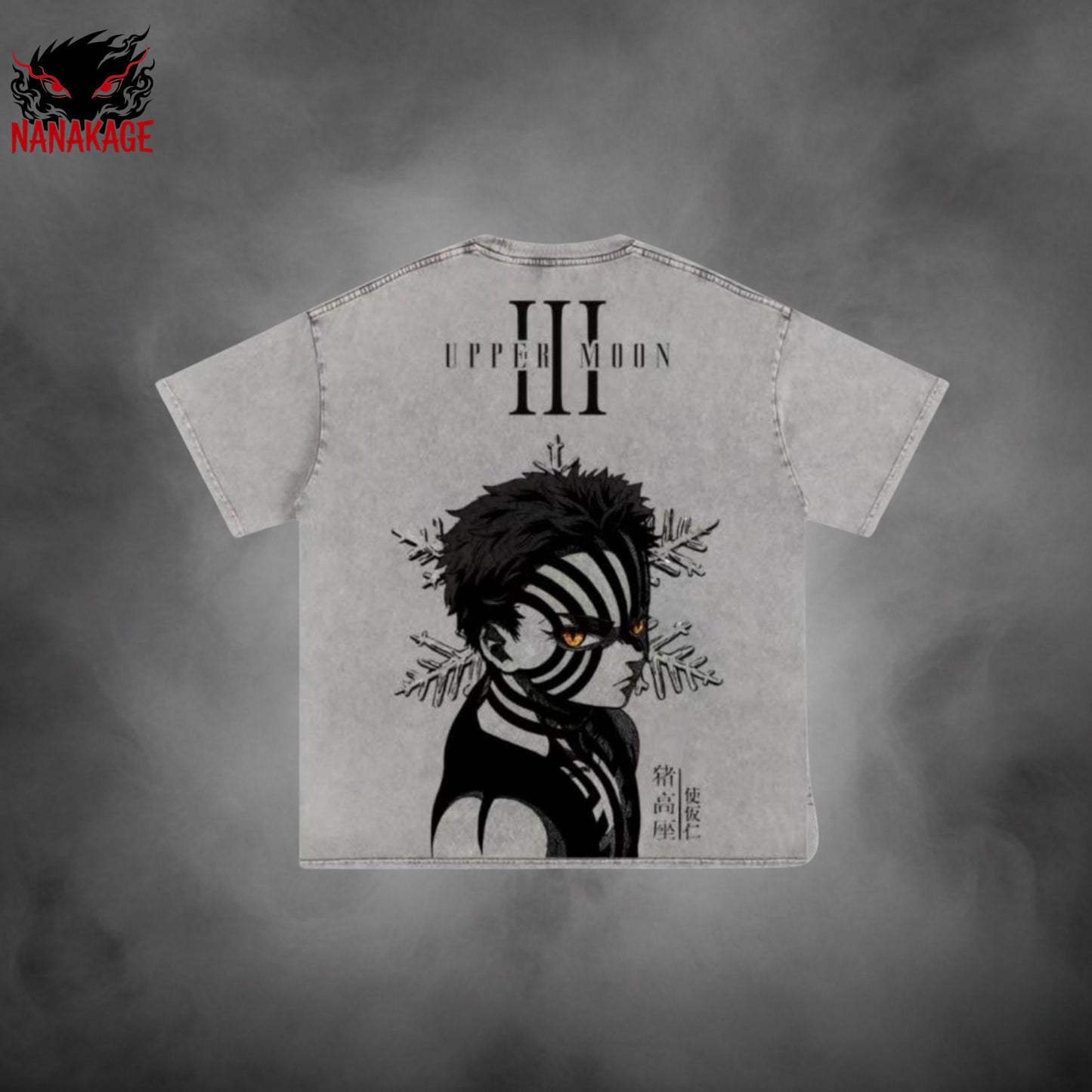 Black acid-wash oversized t-shirt with Akaza anime graphic print.