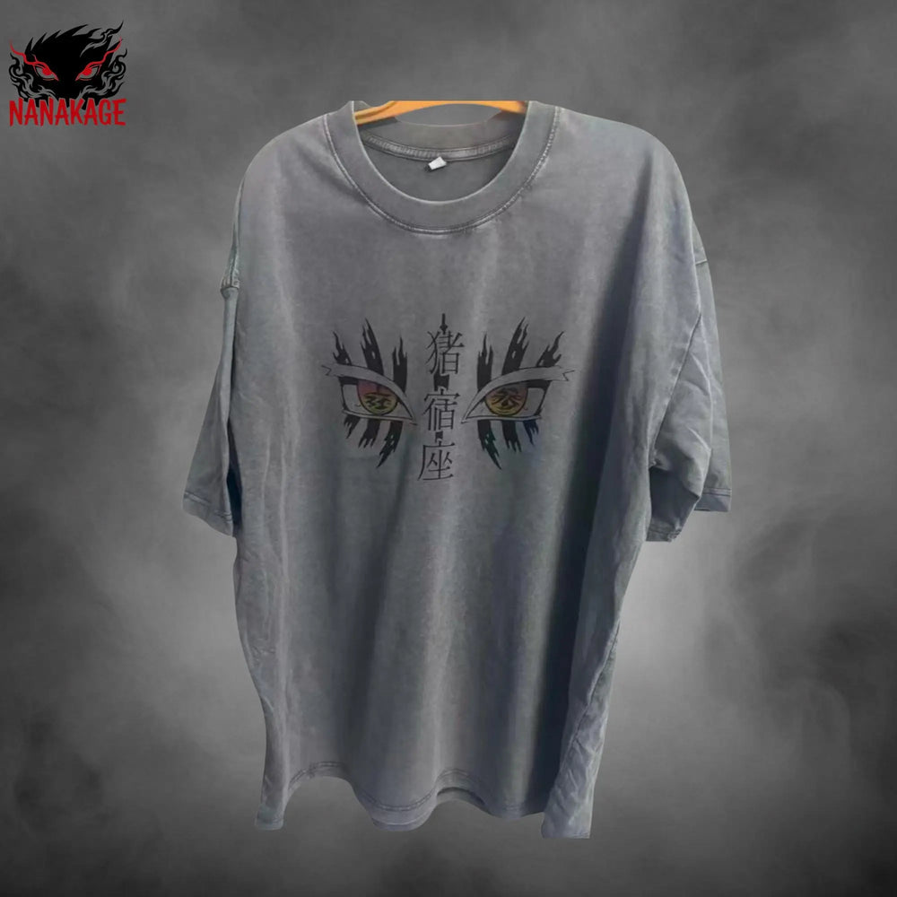 Gray acid-wash oversized t-shirt with Akaza anime graphic print.