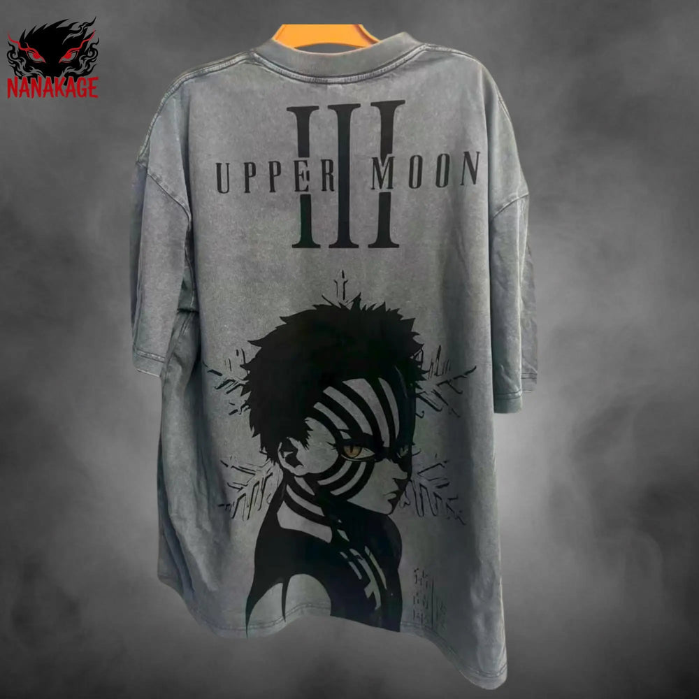 Black acid-wash oversized t-shirt with Akaza anime graphic print.