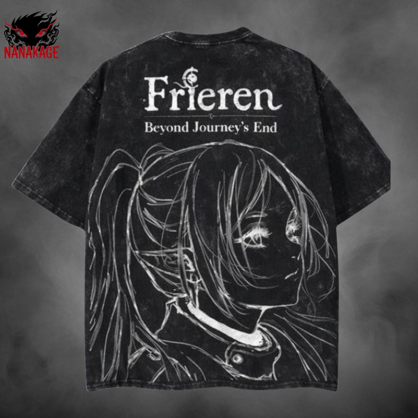 Gray acid-wash oversized t-shirt with Frieren anime graphic print.