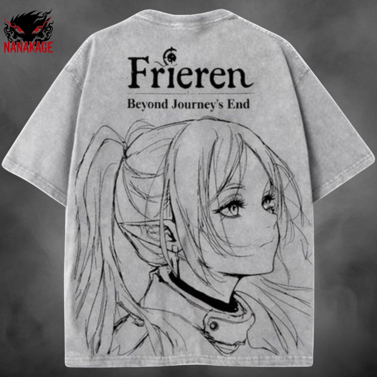 Black acid-wash oversized t-shirt with Frieren anime graphic print.