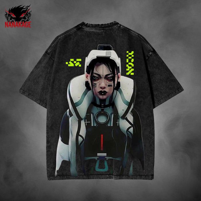 Black acid-wash oversized t-shirt with Marathon video game graphic print.