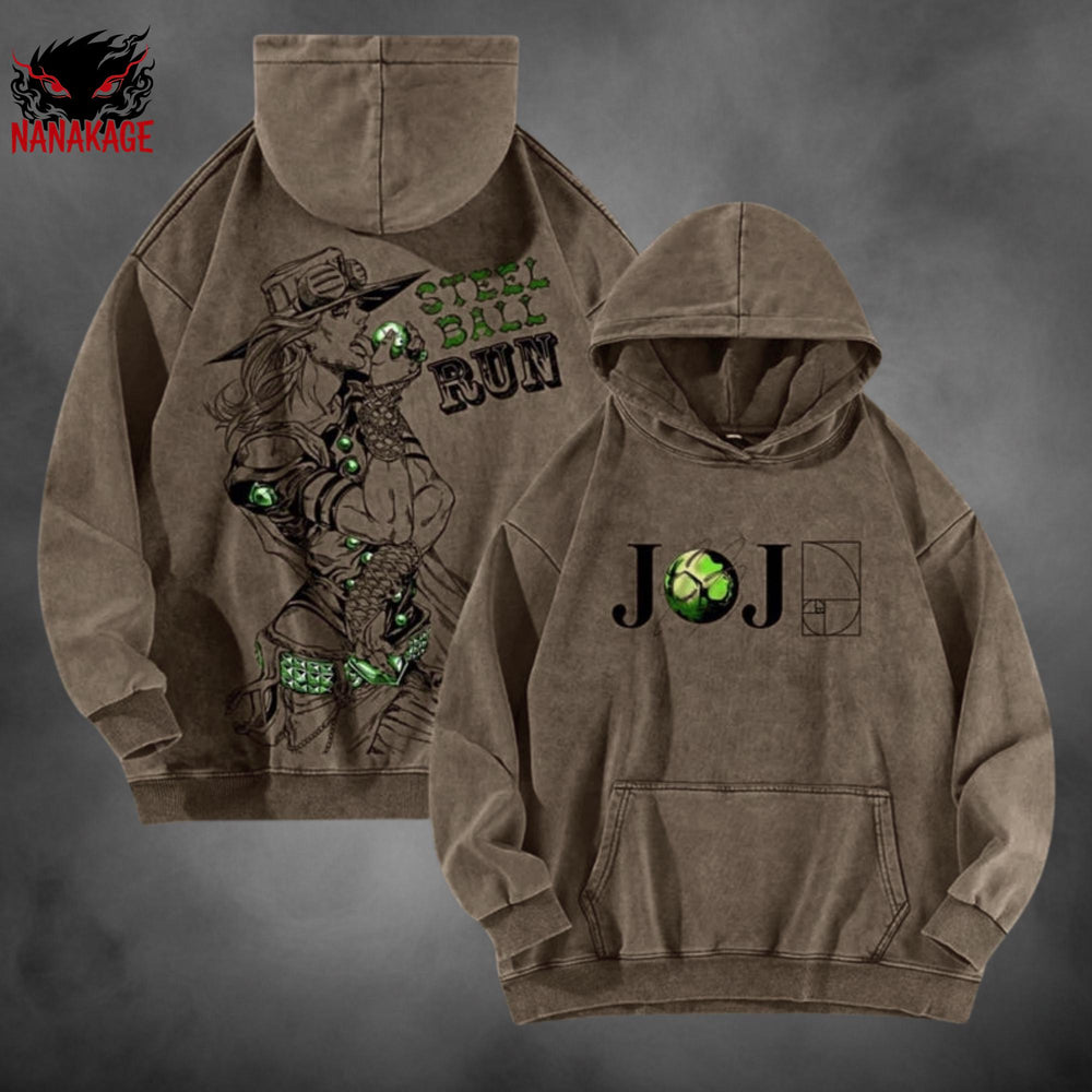 Brown acid-wash oversized pullover hoodie with Gyro Zeppeli anime graphic print.