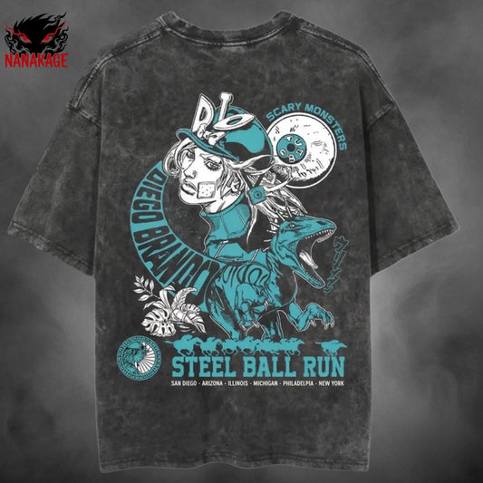 Gray acid-wash oversized t-shirt with Diego Brando anime graphic print.