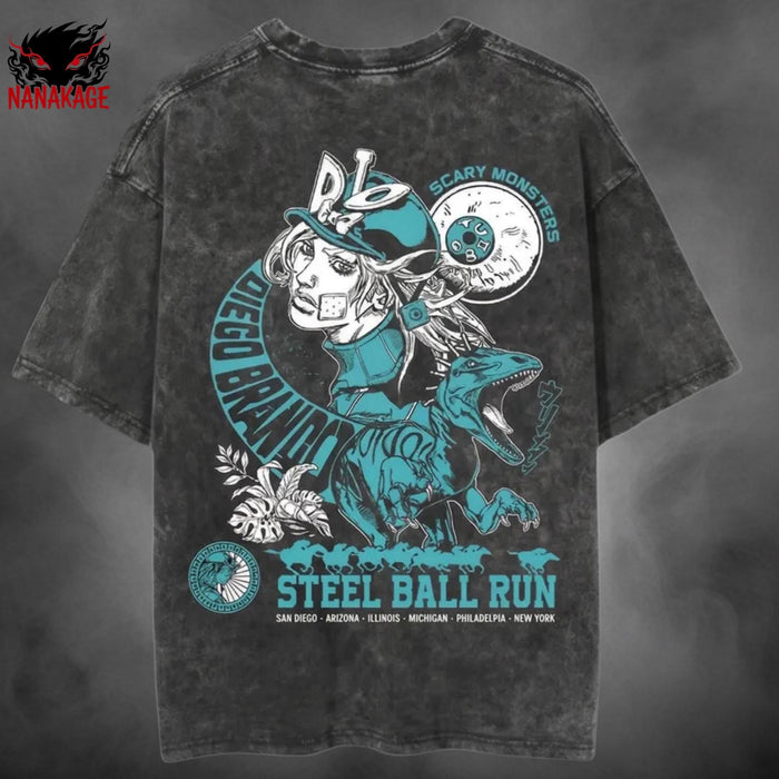 Gray acid-wash oversized t-shirt with Diego Brando anime graphic print.
