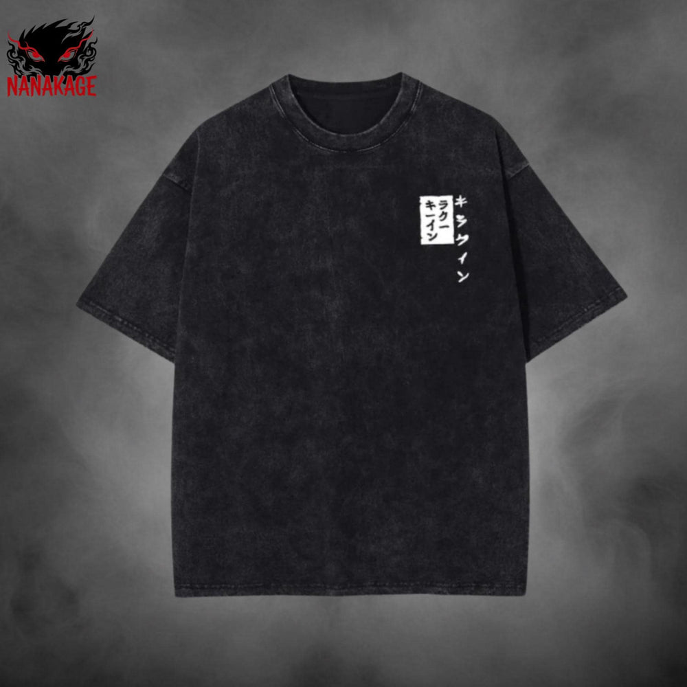 Blue acid-wash oversized t-shirt with Kira anime graphic print.