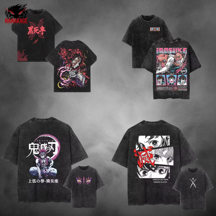 Black acid-wash oversized t-shirt with Demon Slayer anime graphic print.