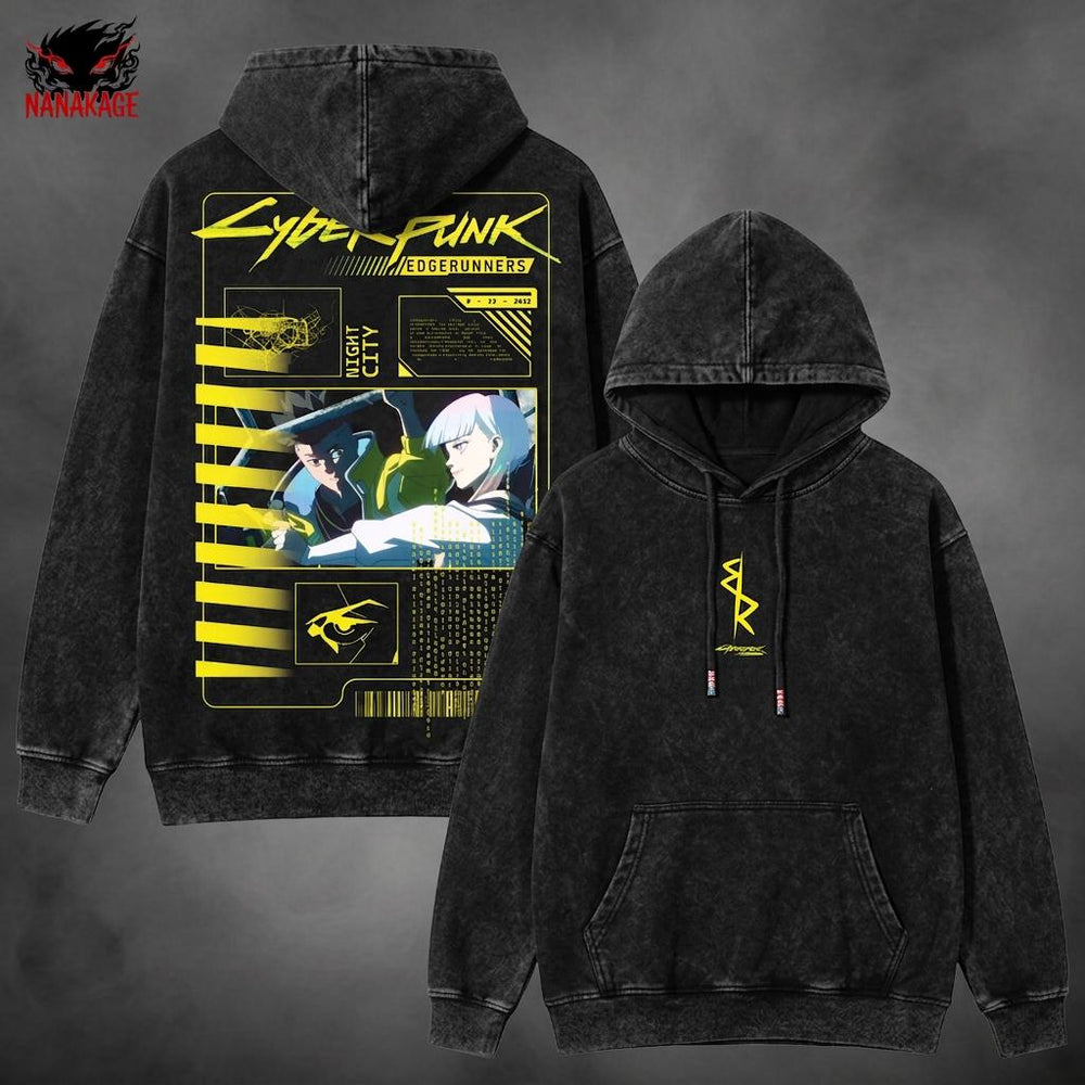 Gray acid-wash oversized pullover hoodie with Edgerunners cyberpunk anime graphic print.