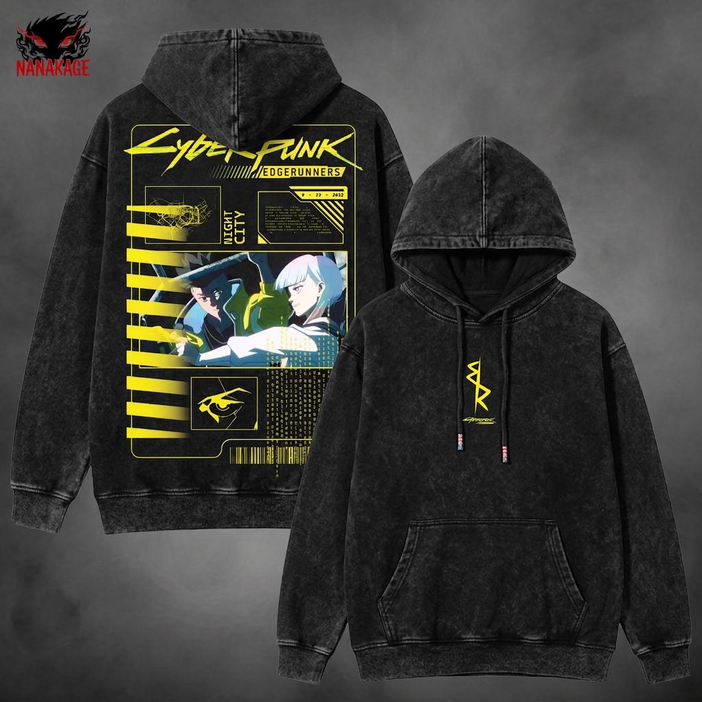Gray acid-wash oversized pullover hoodie with Edgerunners cyberpunk anime graphic print.