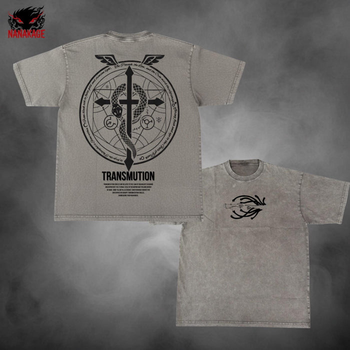 Gray acid-wash oversized t-shirt with Fullmetal Alchemist anime graphic print.
