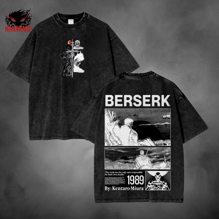 Black acid-wash oversized t-shirt with Griffith dark fantasy manga graphic print.