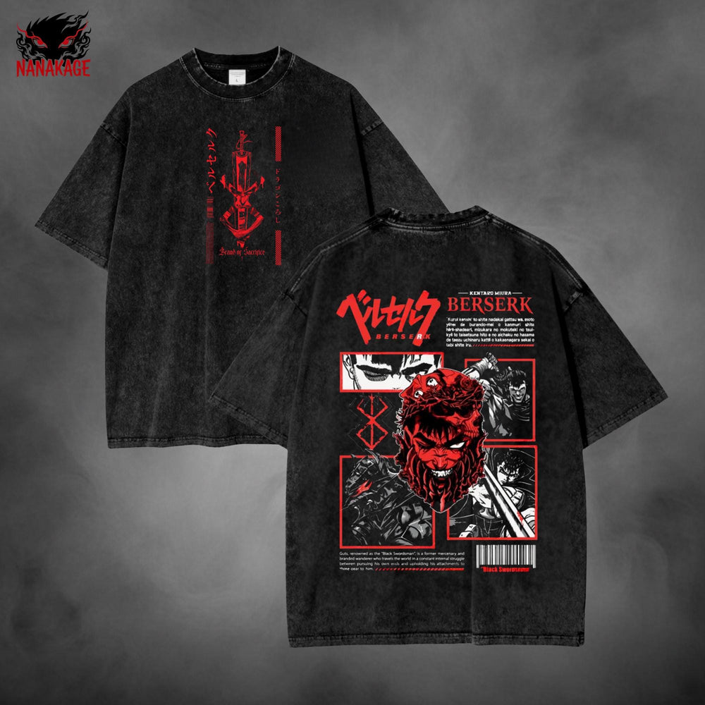 Black acid-wash oversized t-shirt with Griffith dark fantasy manga graphic print.