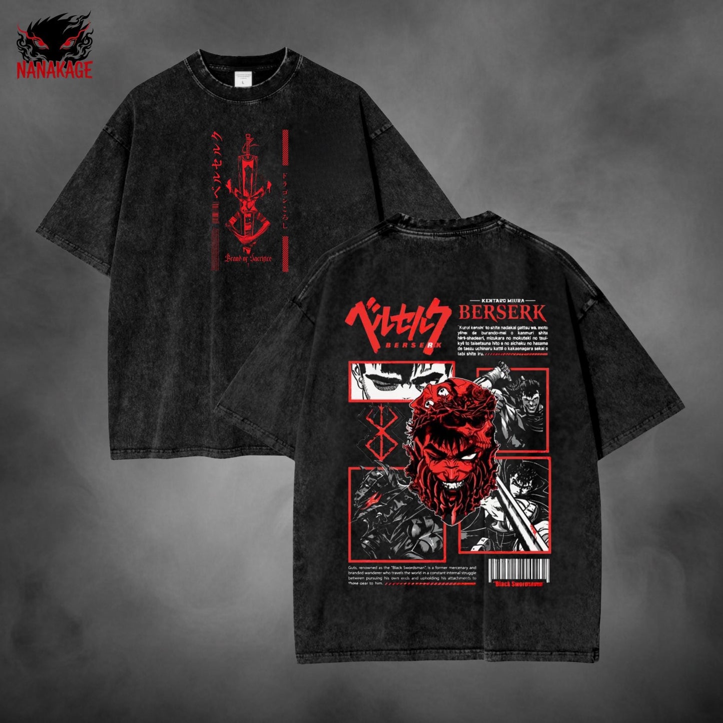 Black acid-wash oversized t-shirt with Griffith dark fantasy manga graphic print.