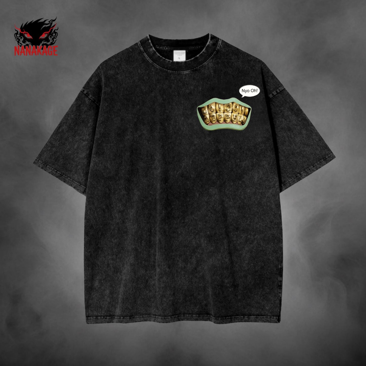 Gray acid-wash oversized t-shirt with Gyro Zeppeli anime graphic print.