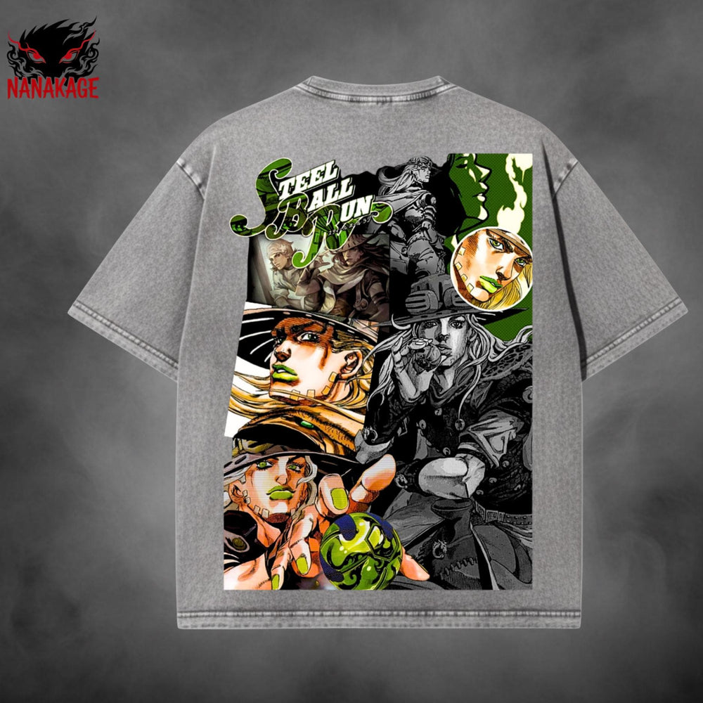 Black acid-wash oversized t-shirt with Gyro Zeppeli anime graphic print.