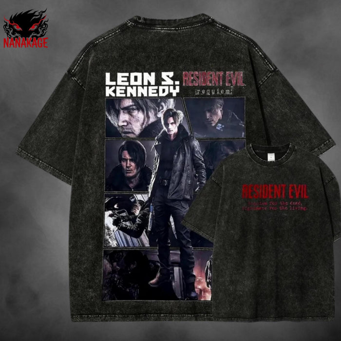 Black acid-wash oversized t-shirt with Requiem horror game graphic print.