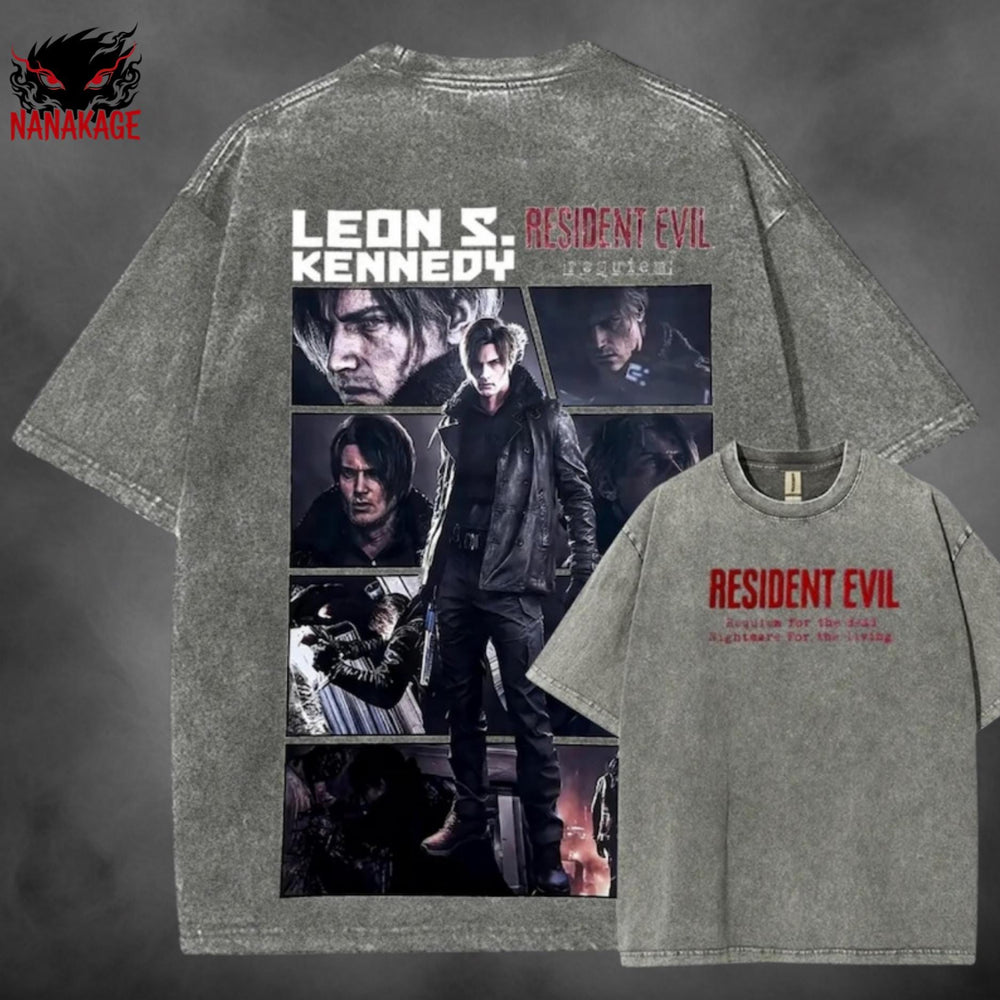 Gray acid-wash oversized t-shirt with Requiem horror game graphic print.