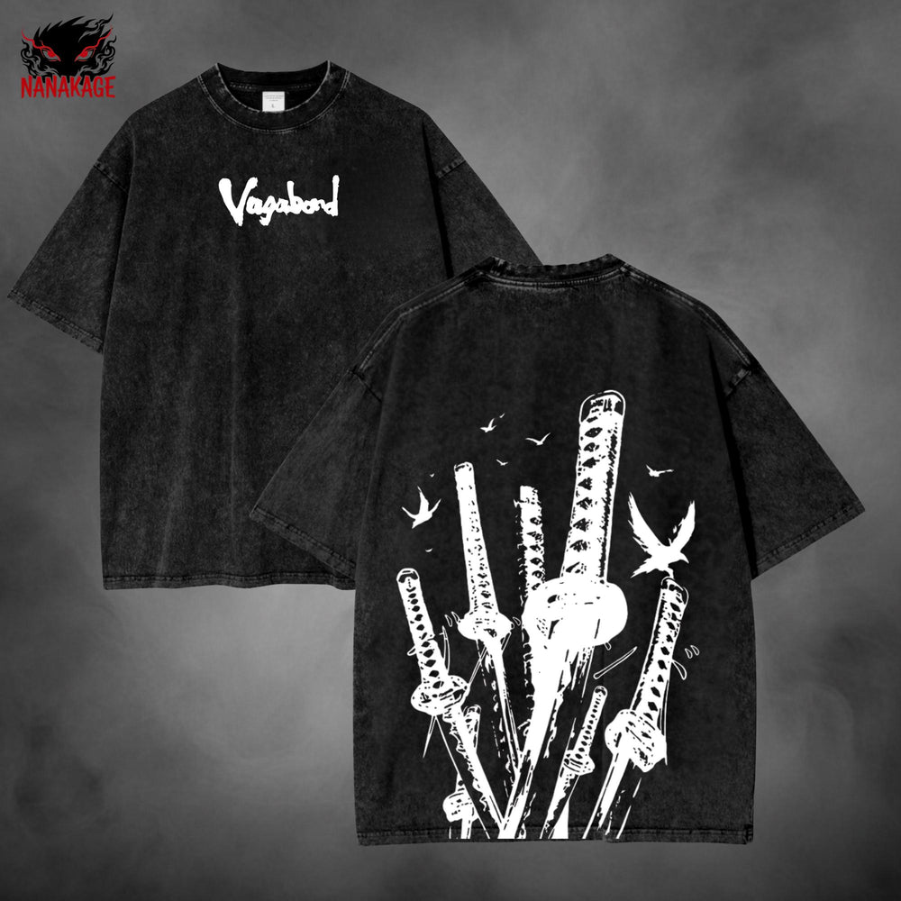 Gray acid-wash oversized t-shirt with Vagabond manga graphic print.