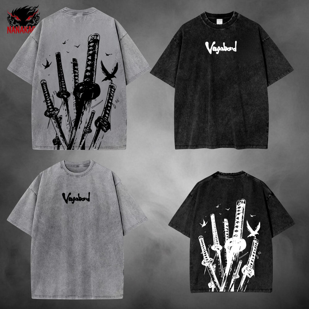 Black acid-wash oversized t-shirt with Vagabond manga graphic print.