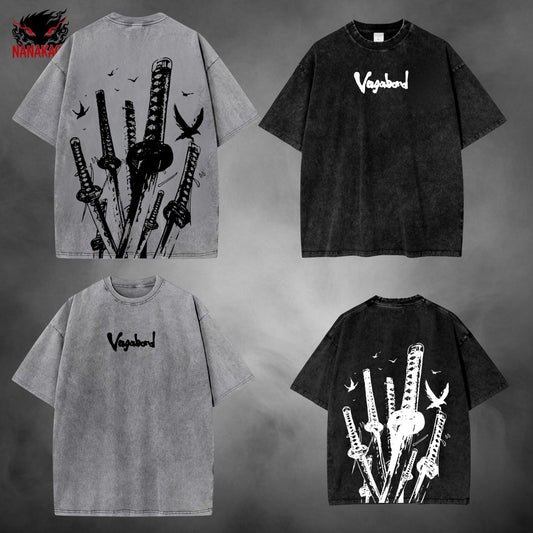 Black acid-wash oversized t-shirt with Vagabond manga graphic print.