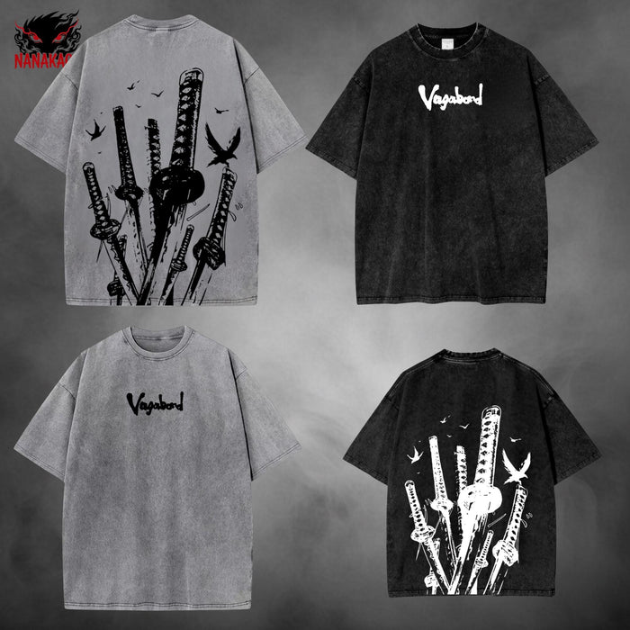 Black acid-wash oversized t-shirt with Vagabond manga graphic print.