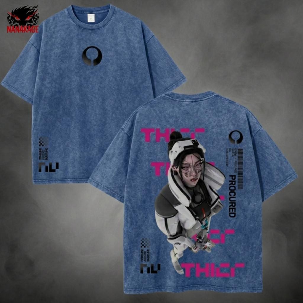 Pink acid-wash oversized t-shirt with Marathon Thief video game graphic print.