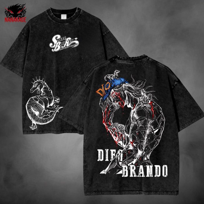 Black acid-wash oversized t-shirt with Diego Brando anime graphic print.