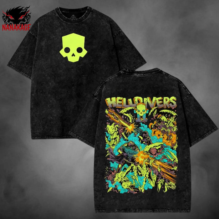 Black acid-wash oversized t-shirt with Helldivers streetwear graphic print.
