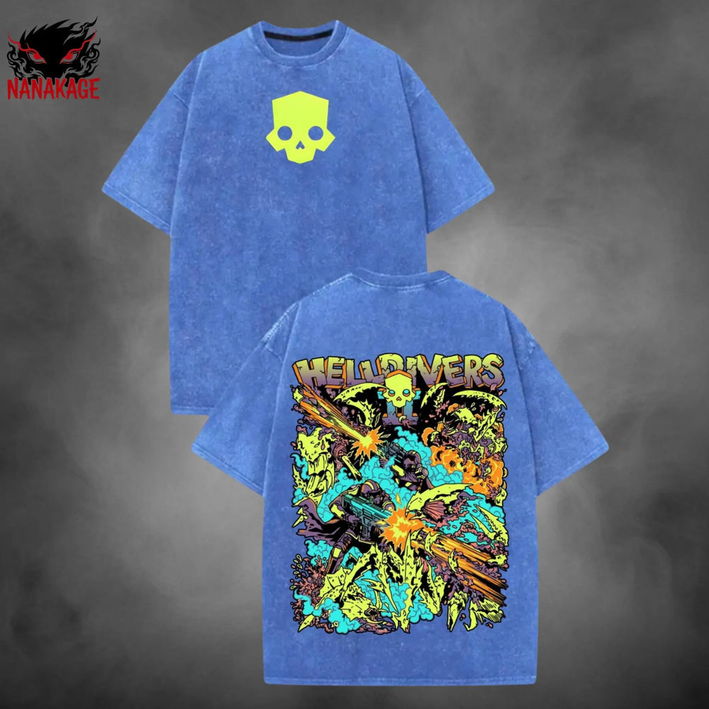 Blue acid-wash oversized t-shirt with Helldivers streetwear graphic print.