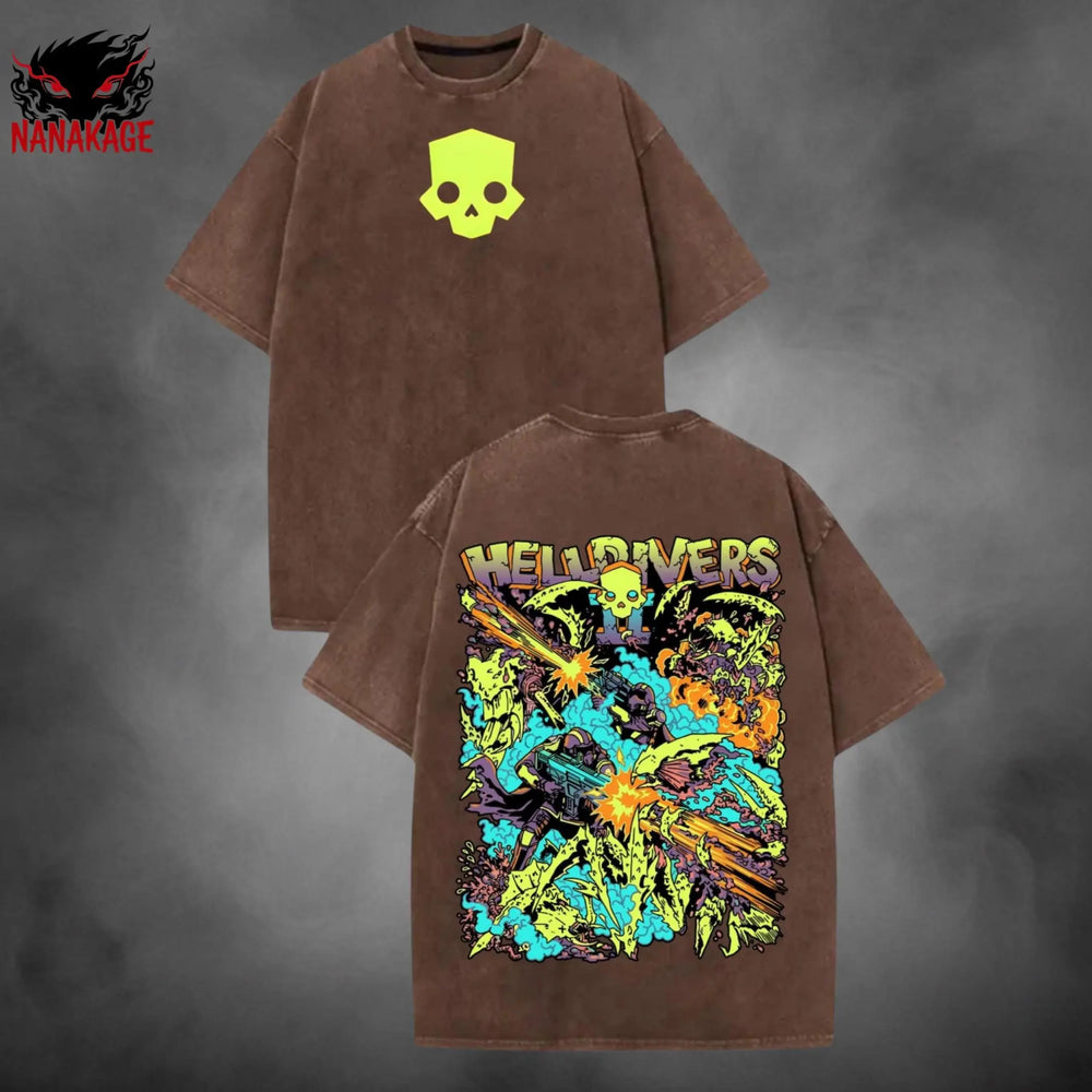 Brown acid-wash oversized t-shirt with Helldivers streetwear graphic print.