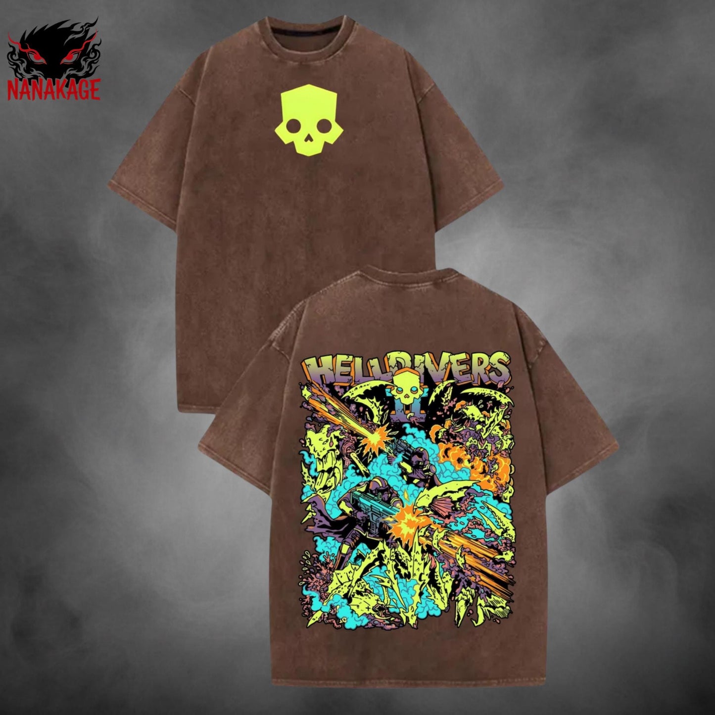 Brown acid-wash oversized t-shirt with Helldivers streetwear graphic print.
