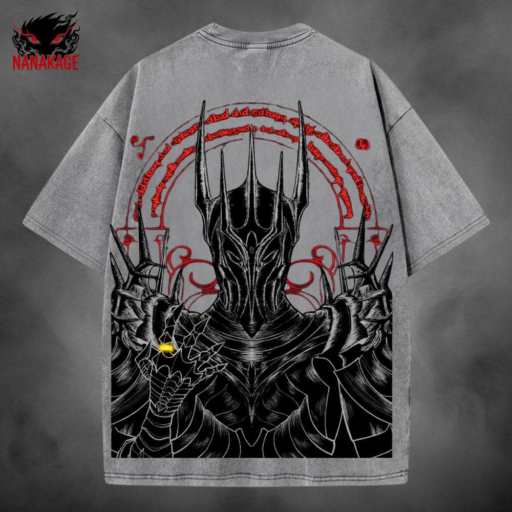 Black acid-wash oversized t-shirt with Sauron dark fantasy graphic print.