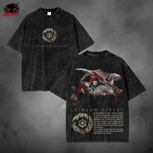 Acid-wash oversized t-shirt with Crimson Desert video game graphic print.