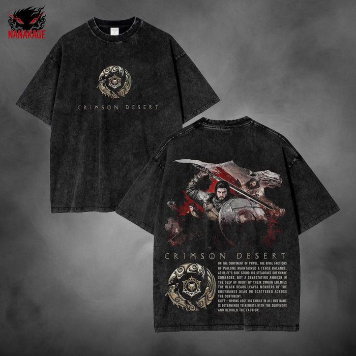 Acid-wash oversized t-shirt with Crimson Desert video game graphic print.