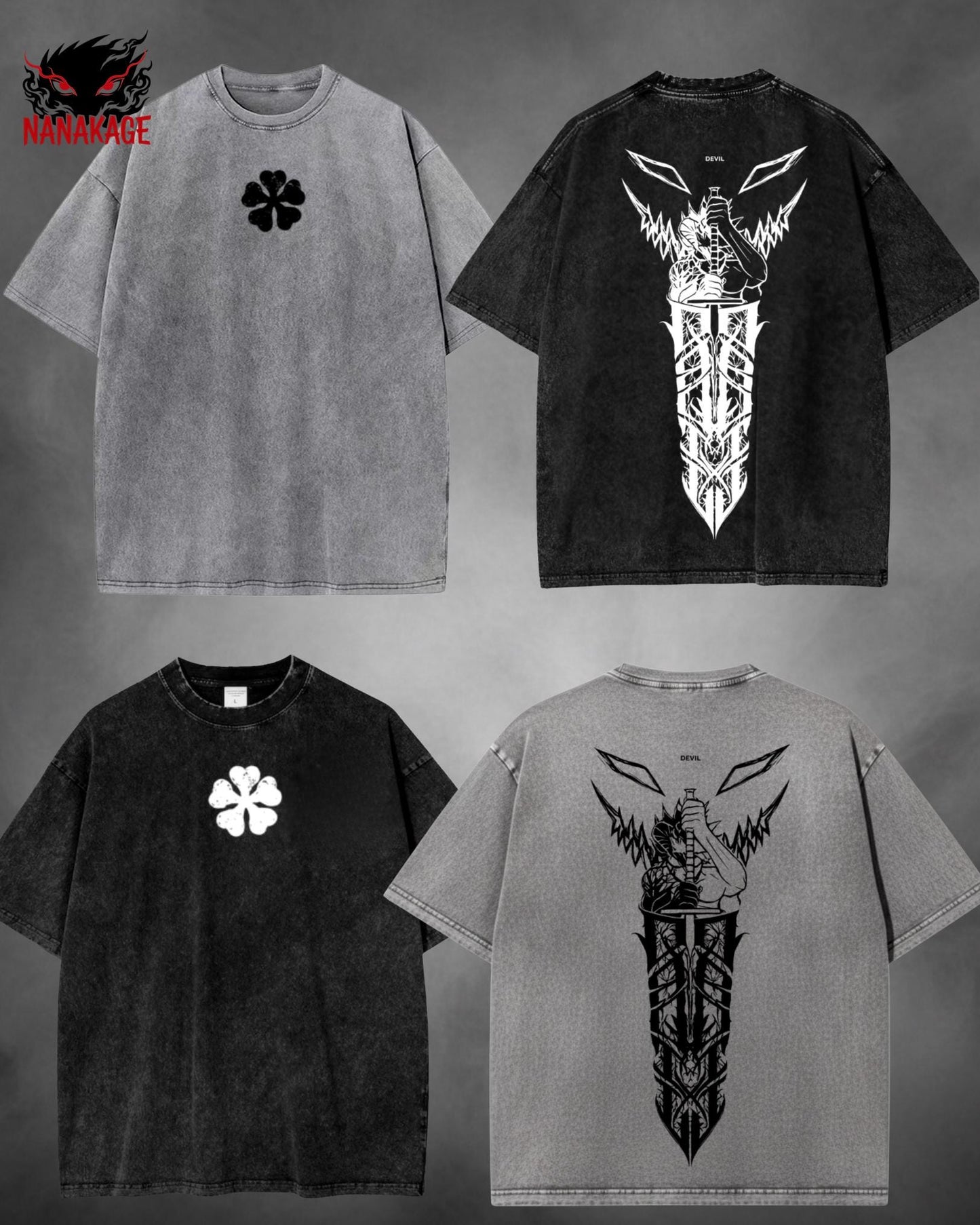 White acid-wash oversized t-shirt with Asta anime graphic print.