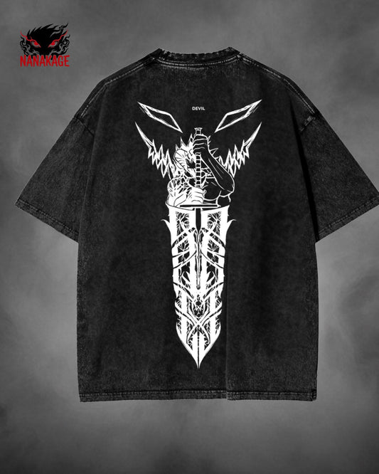 Black acid-wash oversized t-shirt with Asta anime graphic print.
