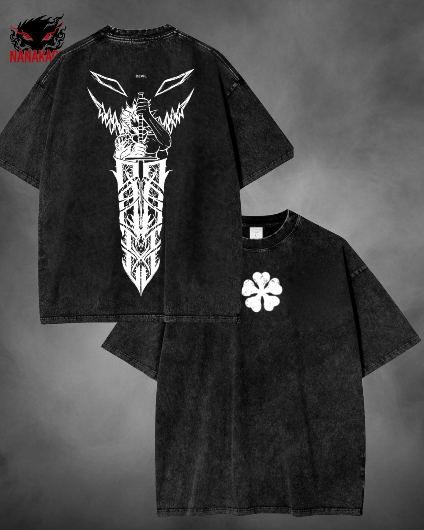 Gray acid-wash oversized t-shirt with Asta anime graphic print.