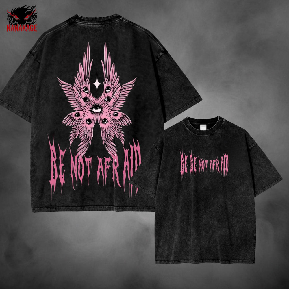 Black acid-wash oversized t-shirt with Be Not Afraid Christian streetwear graphic print.