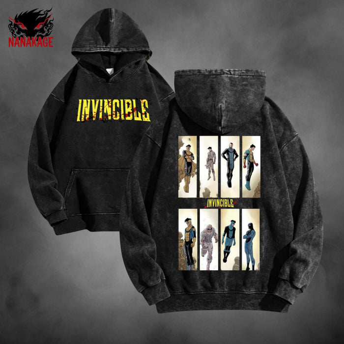 Black acid-wash oversized pullover hoodie with Mark Grayson comic graphic print.