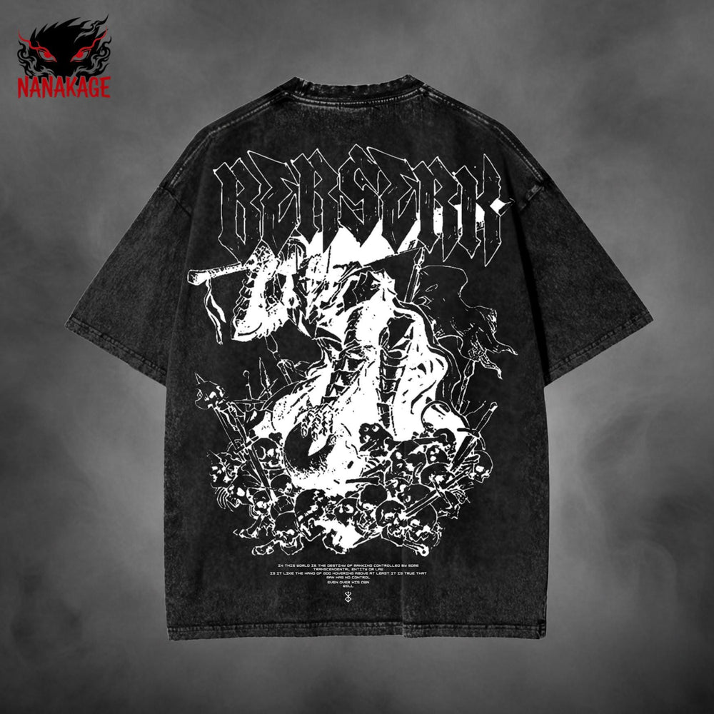 Black acid-wash oversized t-shirt with Black Swordsman dark fantasy manga graphic print.