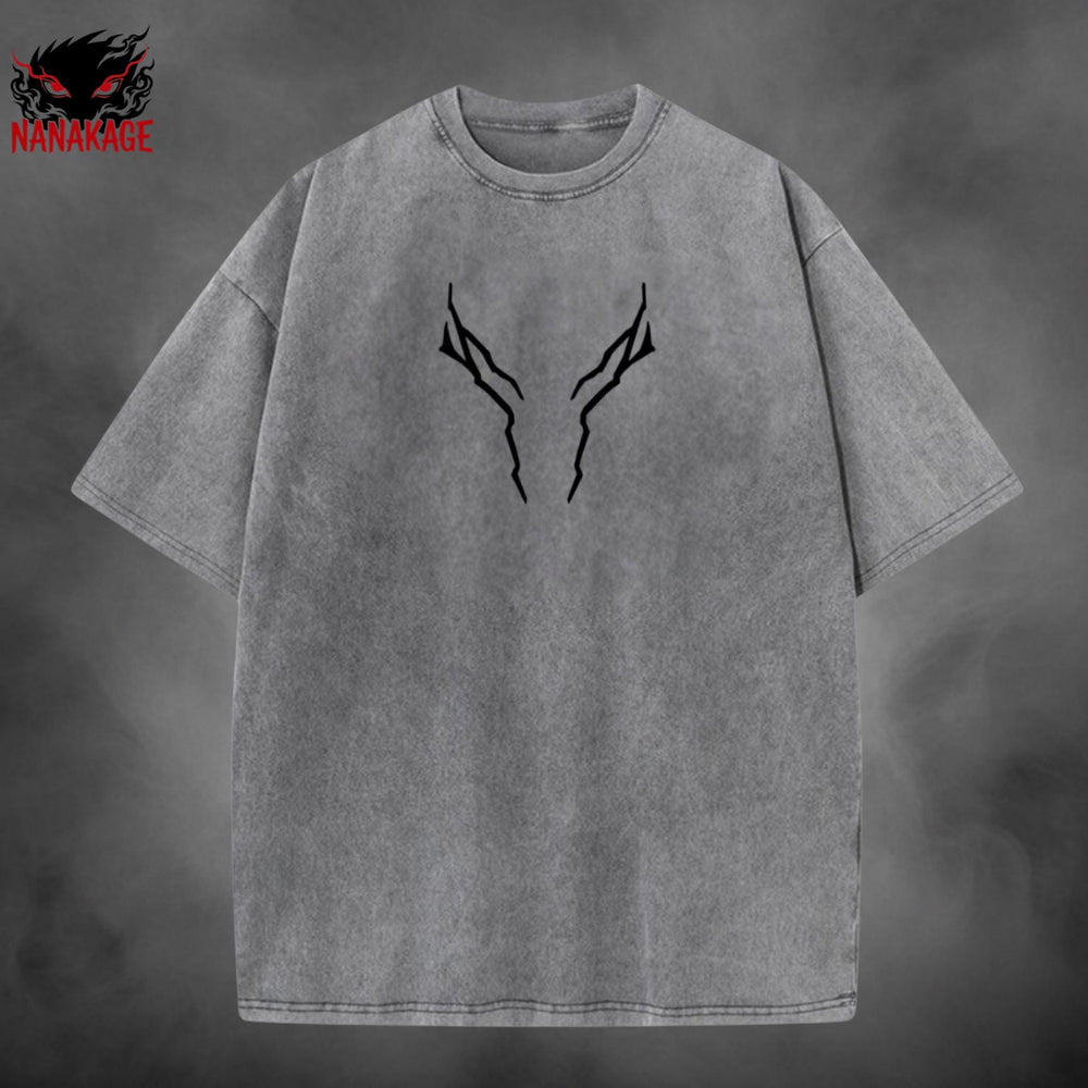 Black acid-wash oversized t-shirt with Black Swordsman dark fantasy manga graphic print.