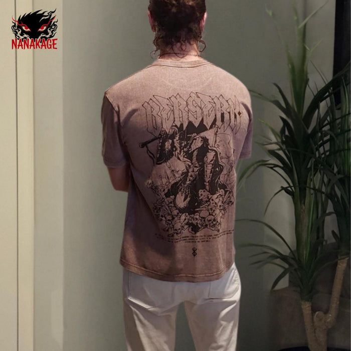 Black acid-wash oversized t-shirt with Black Swordsman dark fantasy manga graphic print.