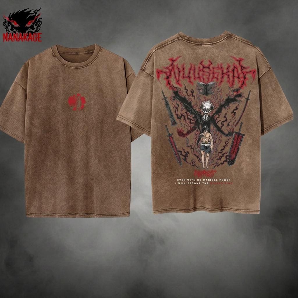 Black acid-wash oversized t-shirt with Asta anime graphic print.