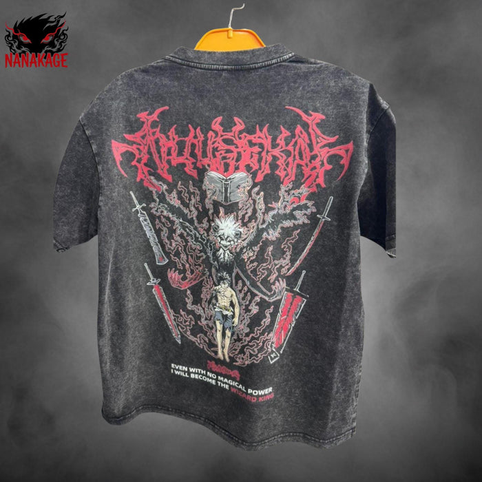 Black acid-wash oversized t-shirt with Asta anime graphic print.