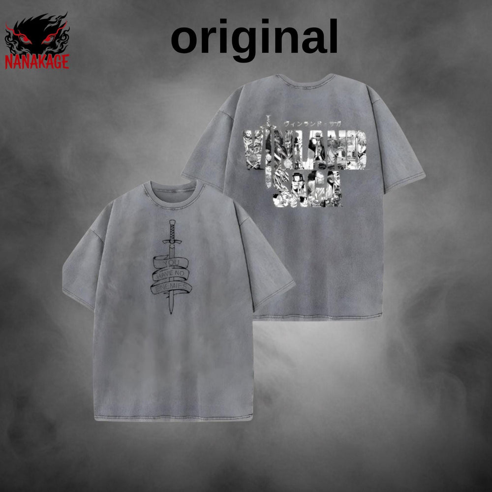 Acid-wash oversized pullover hoodie with No Enemies anime graphic print.