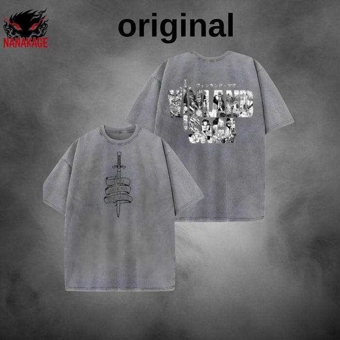 Acid-wash oversized pullover hoodie with No Enemies anime graphic print.