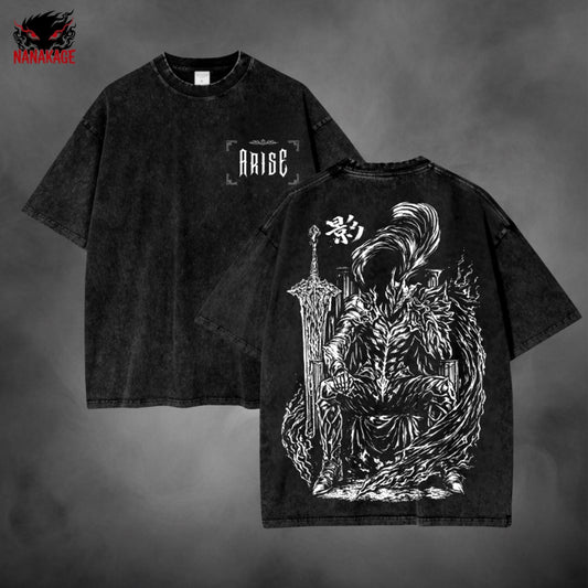 Black acid-wash oversized t-shirt with Sung Jin Woo manhwa anime graphic print.