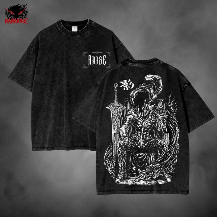 Black acid-wash oversized t-shirt with Sung Jin Woo manhwa anime graphic print.