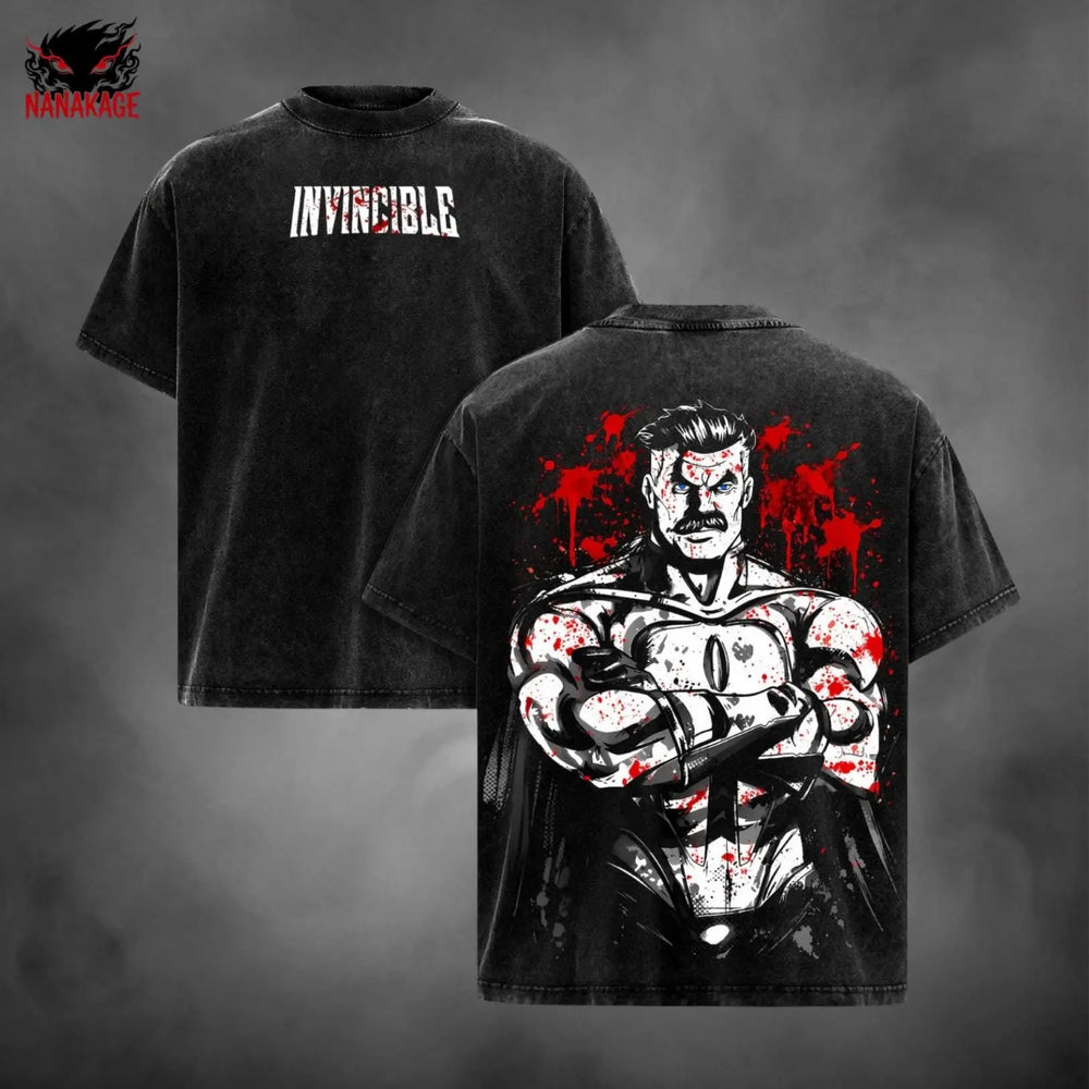 Black acid-wash oversized t-shirt with Omni Man comic graphic print.