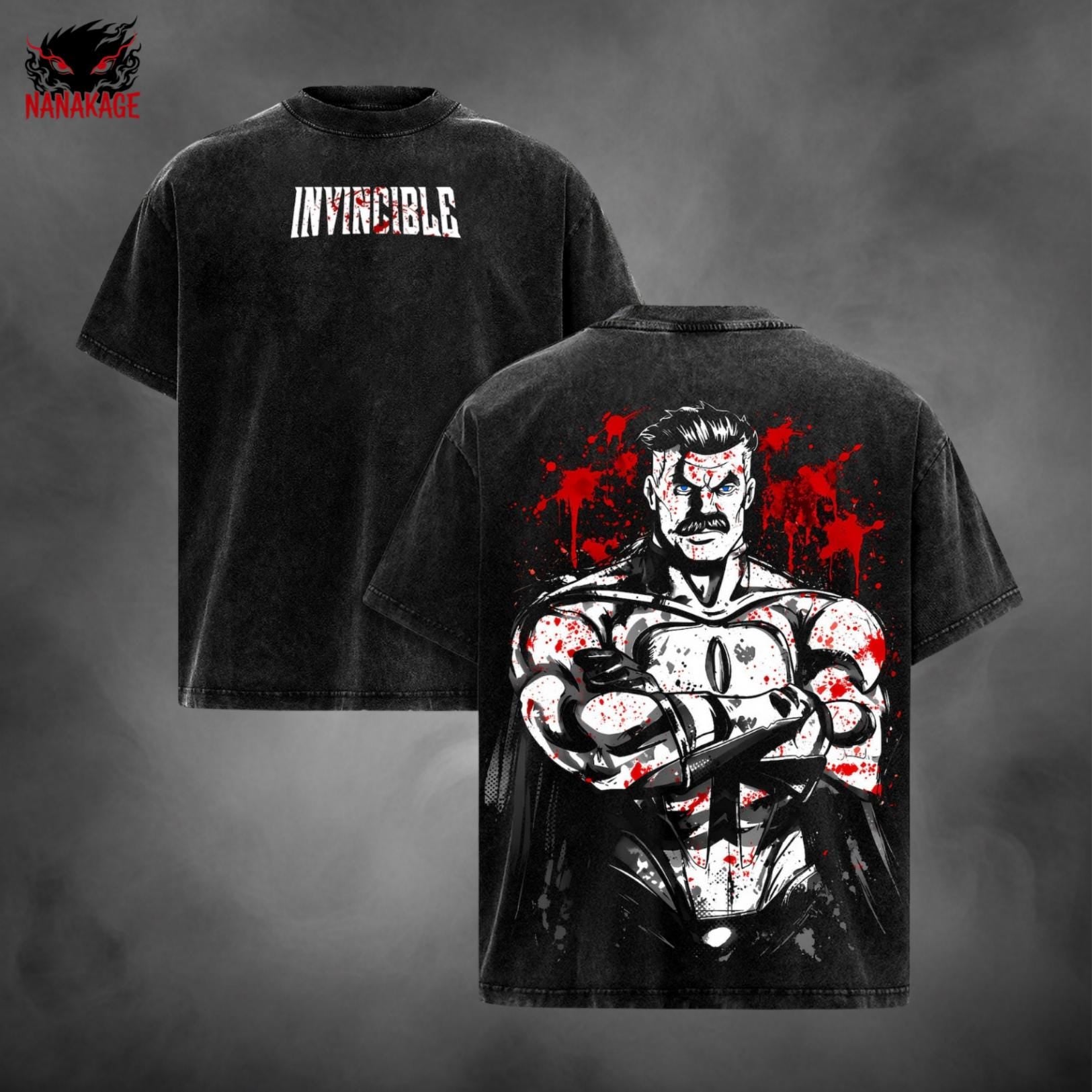 Black acid-wash oversized t-shirt with Omni Man comic graphic print.